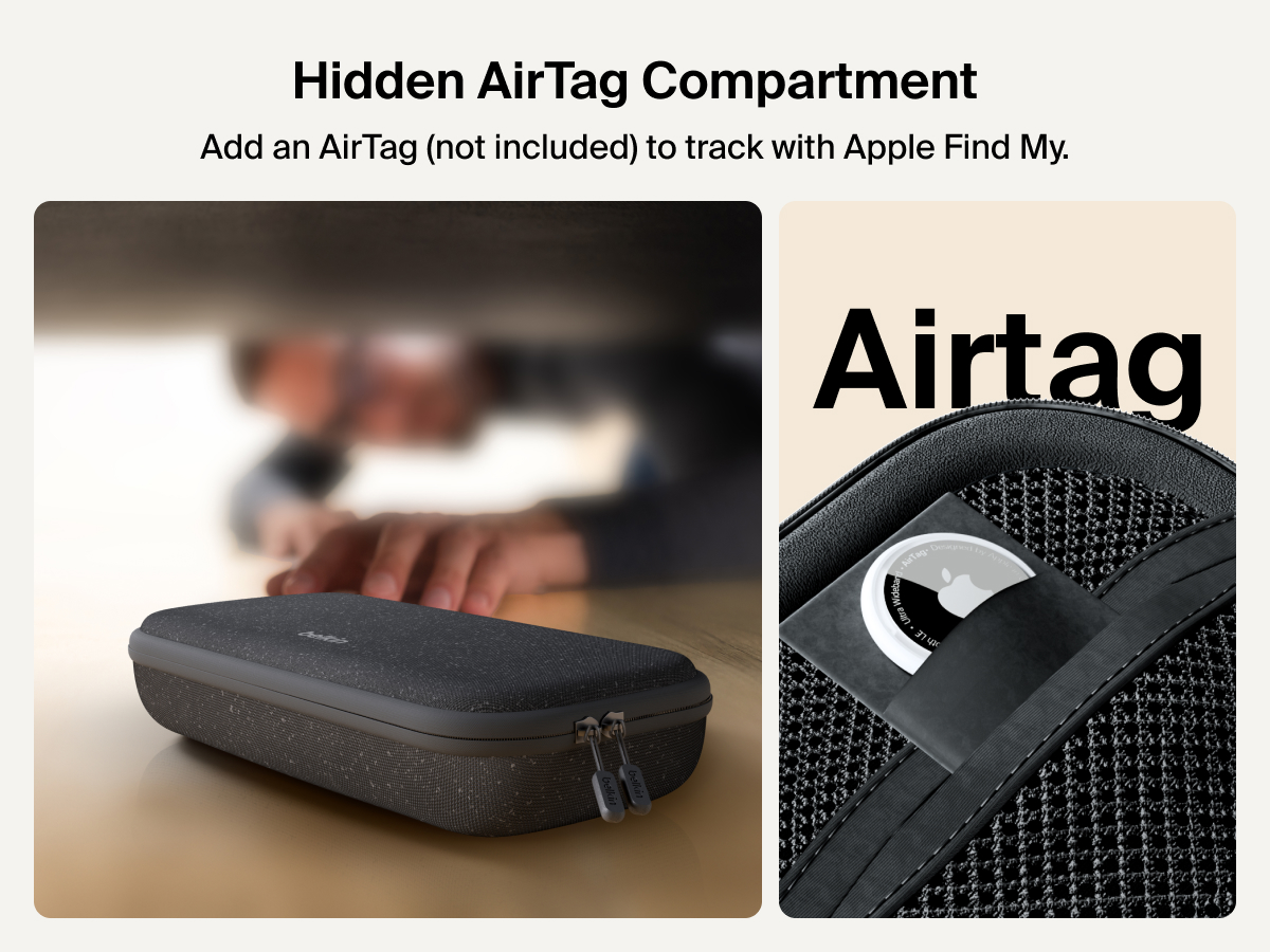 Belkin Gaming Charging Case for Nintendo Switch 2 shown with a hidden AirTag compartment, allowing easy tracking through Apple Find My (AirTag not included).