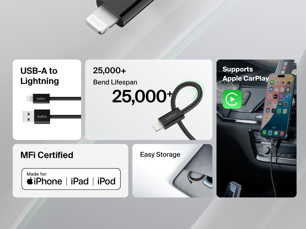 Belkin BoostCharge USB-A Cable with Lightning Connector offers 25,000+ bend lifespan, MFi certification, Apple CarPlay support, and compact storage for seamless charging and syncing with iPhone, iPad, and iPod.