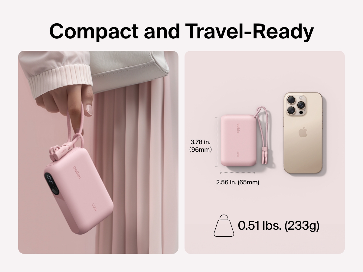 Belkin BoostCharge 디스플레이 탑재 보조 배터리 10K를 손에 든 모습과 스마트폰 옆에 놓은 모습. 9.6 x 6.5cm의 컴팩트하고 휴대성 좋은 디자인과 233g의 경량형 설계를 강조합니다.