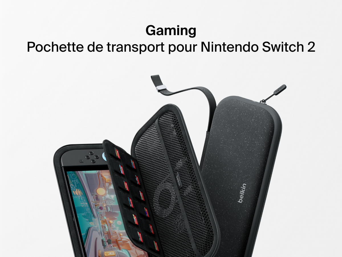 Vue explos&eacute;e de la pochette de transport Belkin Gaming pour Nintendo&nbsp;Switch&nbsp;2 et de ses compartiments de rangement pour cartes de jeux, mettant ainsi en avant sa fermeture zipp&eacute;e durable et son filet en maille.