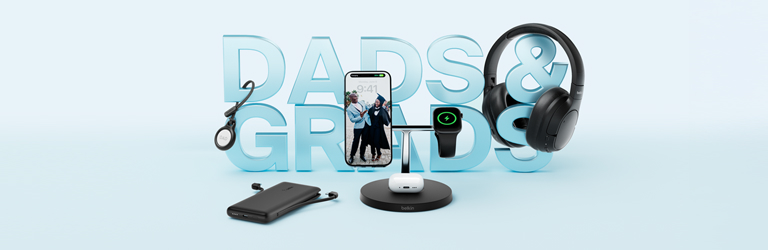 Belkin Dads & Grads promotion featuring wireless headphones, charging dock, power bank, and AirTag holder, with celebratory tech gifts and rewards messaging.