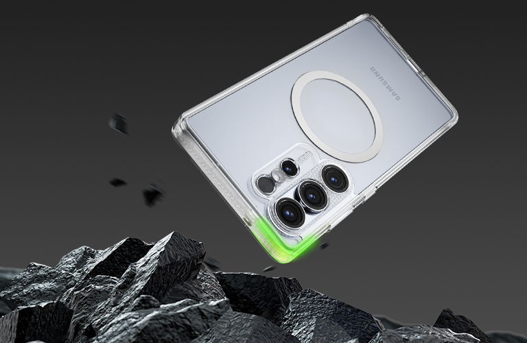 A SheerForce™ Magnetic iPhone Case falling onto a rocky surface, emphasizing its 2-meter drop protection. The text highlights the case's durability and ability to withstand drops from up to 2 meters, based on internal drop tests on concrete. The image conveys a rugged, protective design, ensuring enhanced impact resistance for your iPhone.