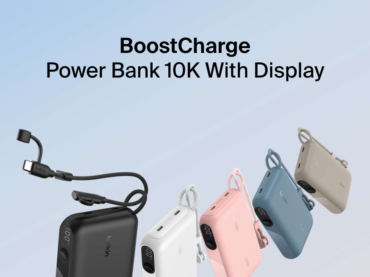 ブラック、ホワイト、ピンク、ブルー、サンドの5色のBelkin BoostCharge Power Bank 10000mAh with Display。一体型USB-Cケーブル、LEDバッテリー残量表示、外出先での充電に最適なコンパクトデザインを特徴としています。