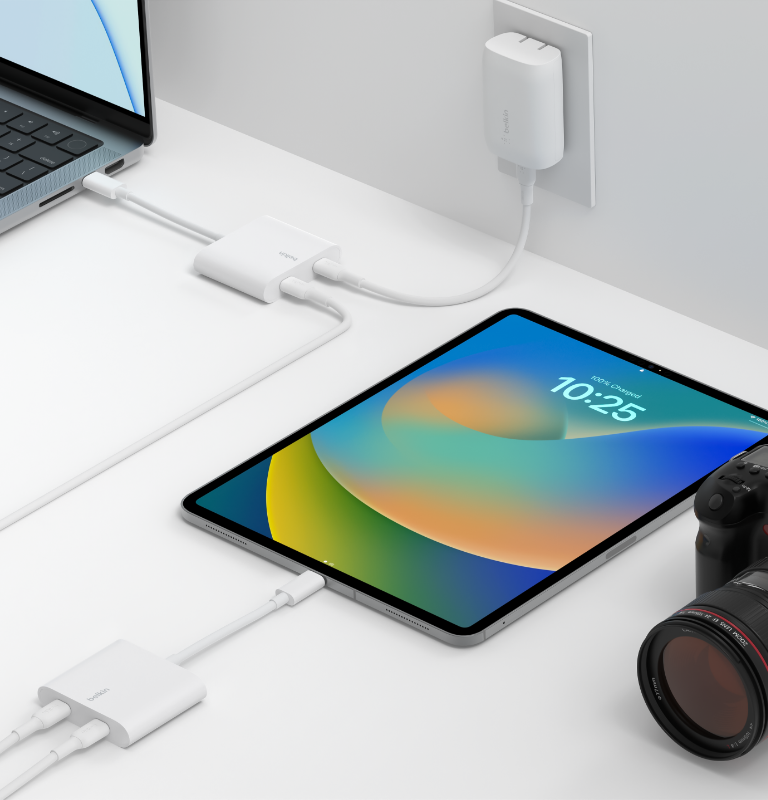 Belkin Connect USB-C&trade; to Dual-Port USB-C Adapter, Hub Dongle with 2 USB-C 3.2 Gen2 Ports & 100W PD with Max 10Gbps High-Speed Data Transfer for MacBook, iPad, Chromebook, PC, and More - White | Belkin