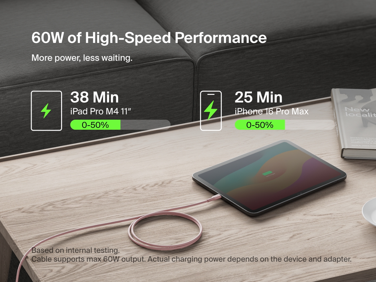 A Belkin BoostCharge Pro USB-C to USB-C Braided Cable 60W charges an iPad Pro M4 11" and iPhone 16 Pro Max with high-speed performance, reaching 50% in 38 and 25 minutes respectively.