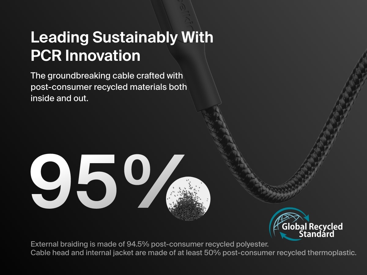 Belkin BoostCharge Pro USB-C Braided Cable with Lightning Connector is crafted with up to 95% post-consumer recycled materials, meeting Global Recycled Standard for sustainable design.