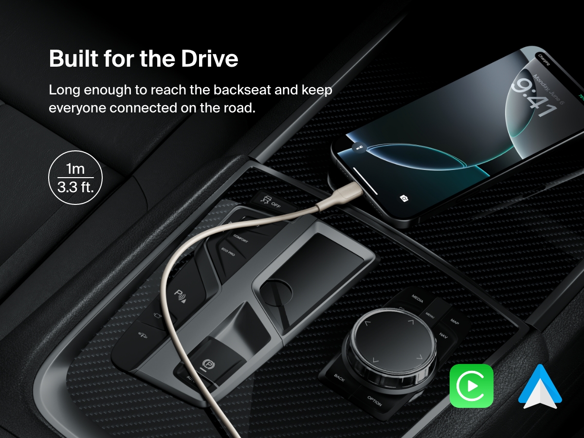 Belkin BoostCharge Pro USB-C to USB-C Braided Cable 60W shown powering a smartphone in a car, with a 3.3 ft length ideal for backseat connectivity and support for Apple CarPlay and Android Auto.
