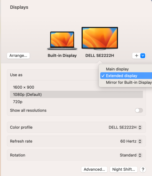 MacOS display options