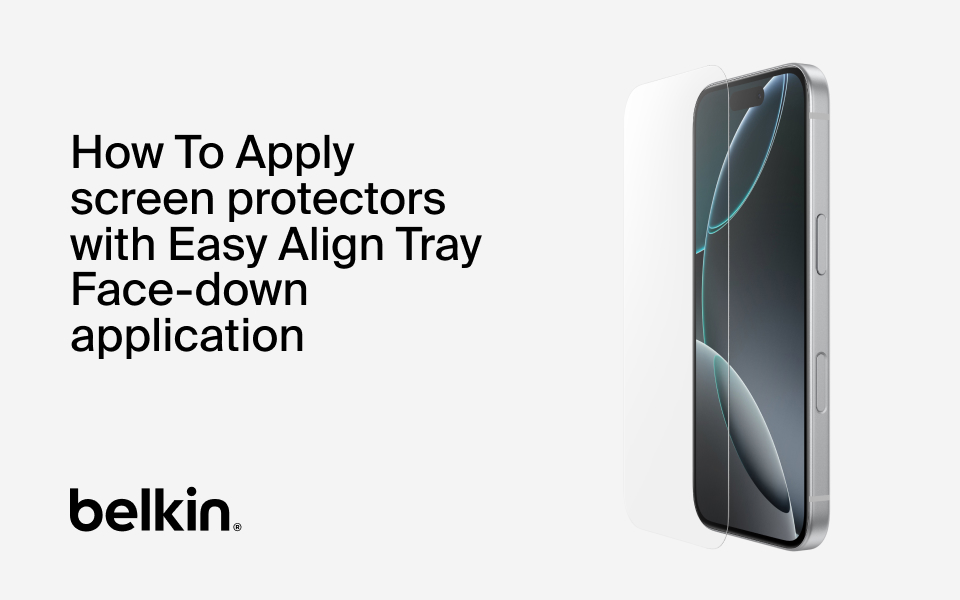 Instructional graphic showing a smartphone with a screen protector being applied, alongside text: 'How to apply ScreenForce screen protectors with Easy Align tray Face-down application.' Belkin logo at the bottom.