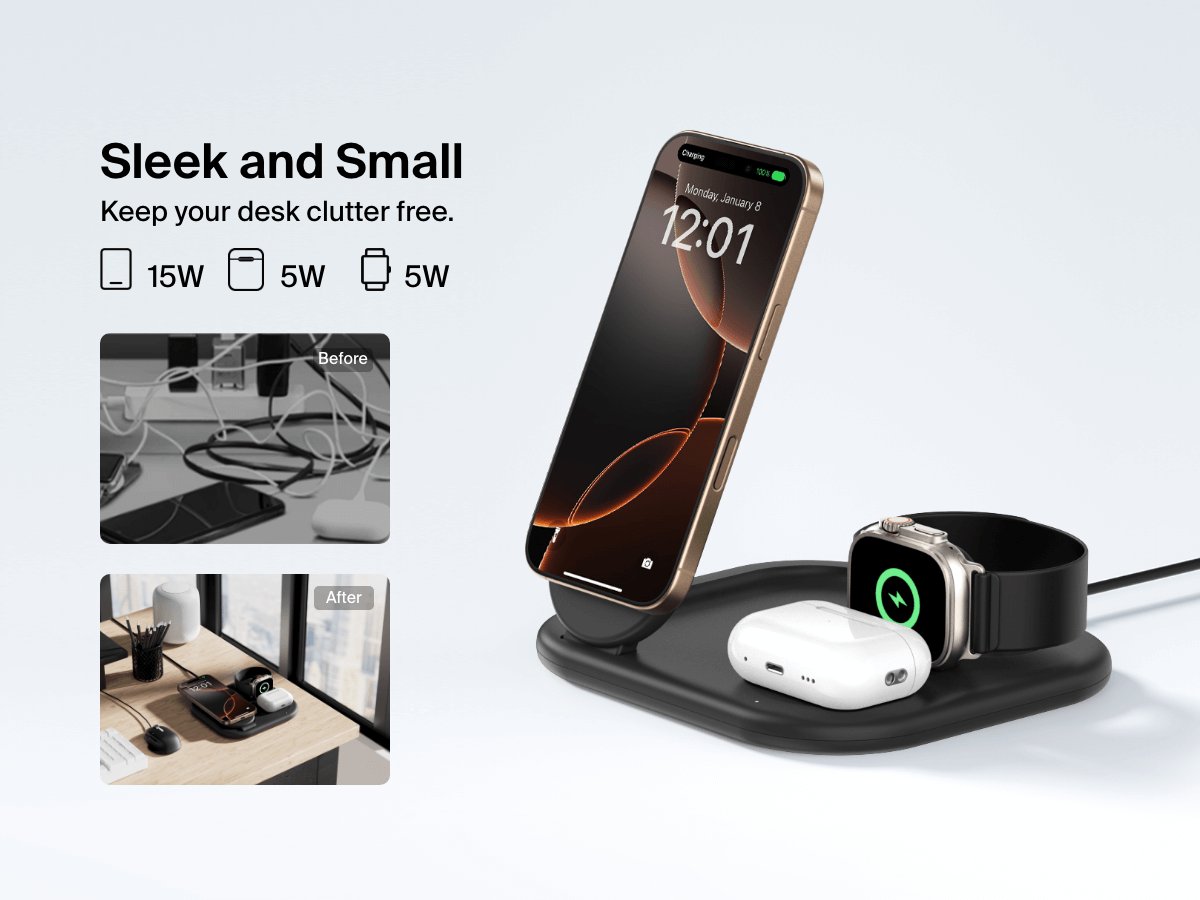The Belkin BoostCharge Pro 3-in-1 Magnetic Foldable Wireless Charger with Qi2 15W charges an iPhone, Apple Watch, and AirPods while reducing desktop clutter, shown in a comparison of messy vs. organized workspace.