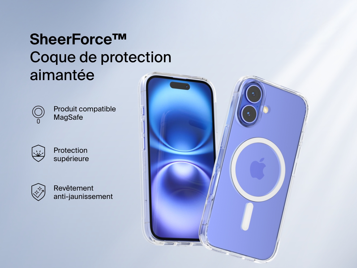 A promotional image of the SheerForce&trade; Magnetic iPhone Case, featuring a clear, MagSafe-compatible design. The case offers anti-yellowing technology and superior protection while maintaining the sleek look of the iPhone. The image highlights key features with icons, including MagSafe compatibility, durability, and long-lasting clarity.