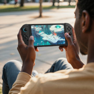 A person sitting outdoors in a park, holding a Nintendo Switch 2 with a Belkin screen protector while playing a colorful adventure game. The individual, wearing a light yellow sweater, is seen from behind, with trees and a paved walkway in the background, capturing a relaxed gaming moment in nature. 