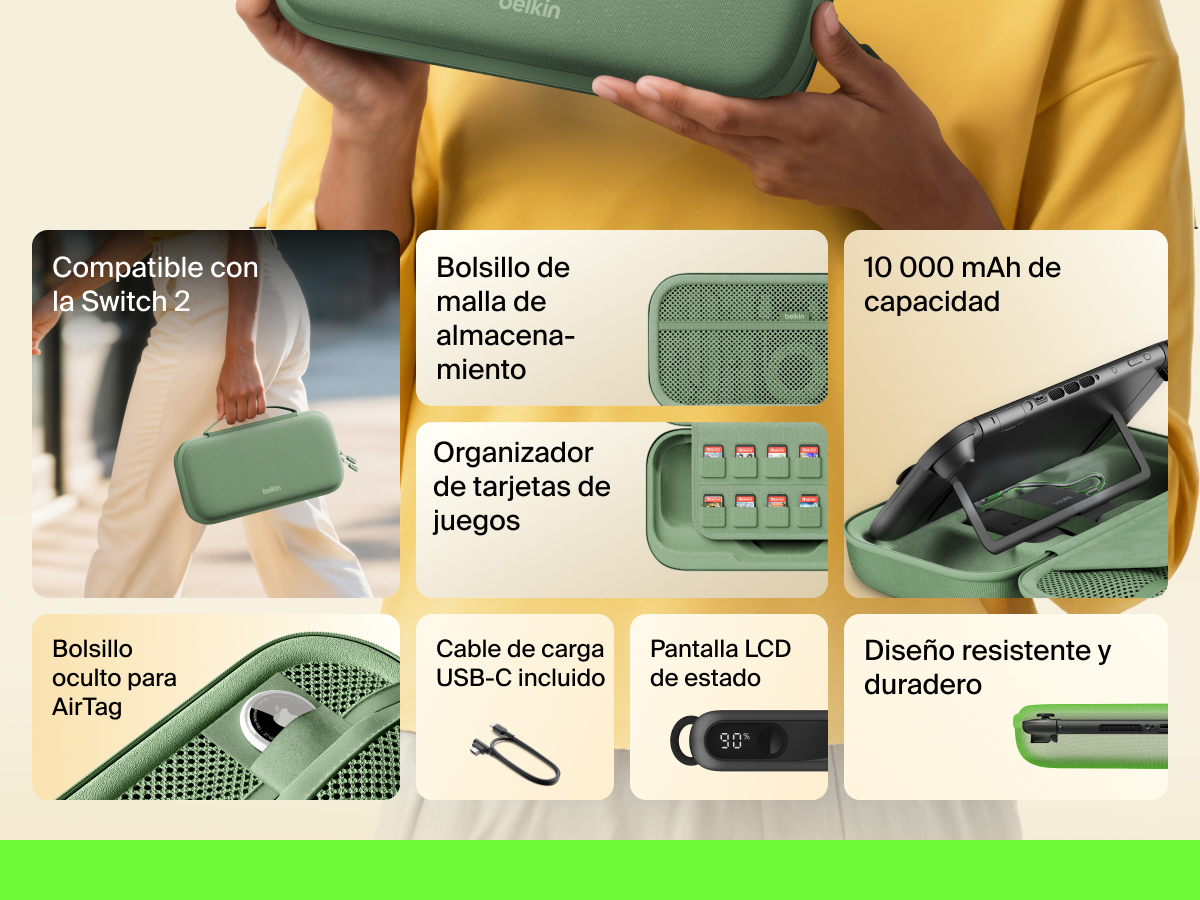 Infographic showcasing the Belkin Gaming Charging Case for Nintendo Switch 2 with features like 10,000 mAh power capacity, game card storage sleeve, USB-C cable, LCD battery indicator, mesh pocket, hidden AirTag pocket, and a durable, protective design.
