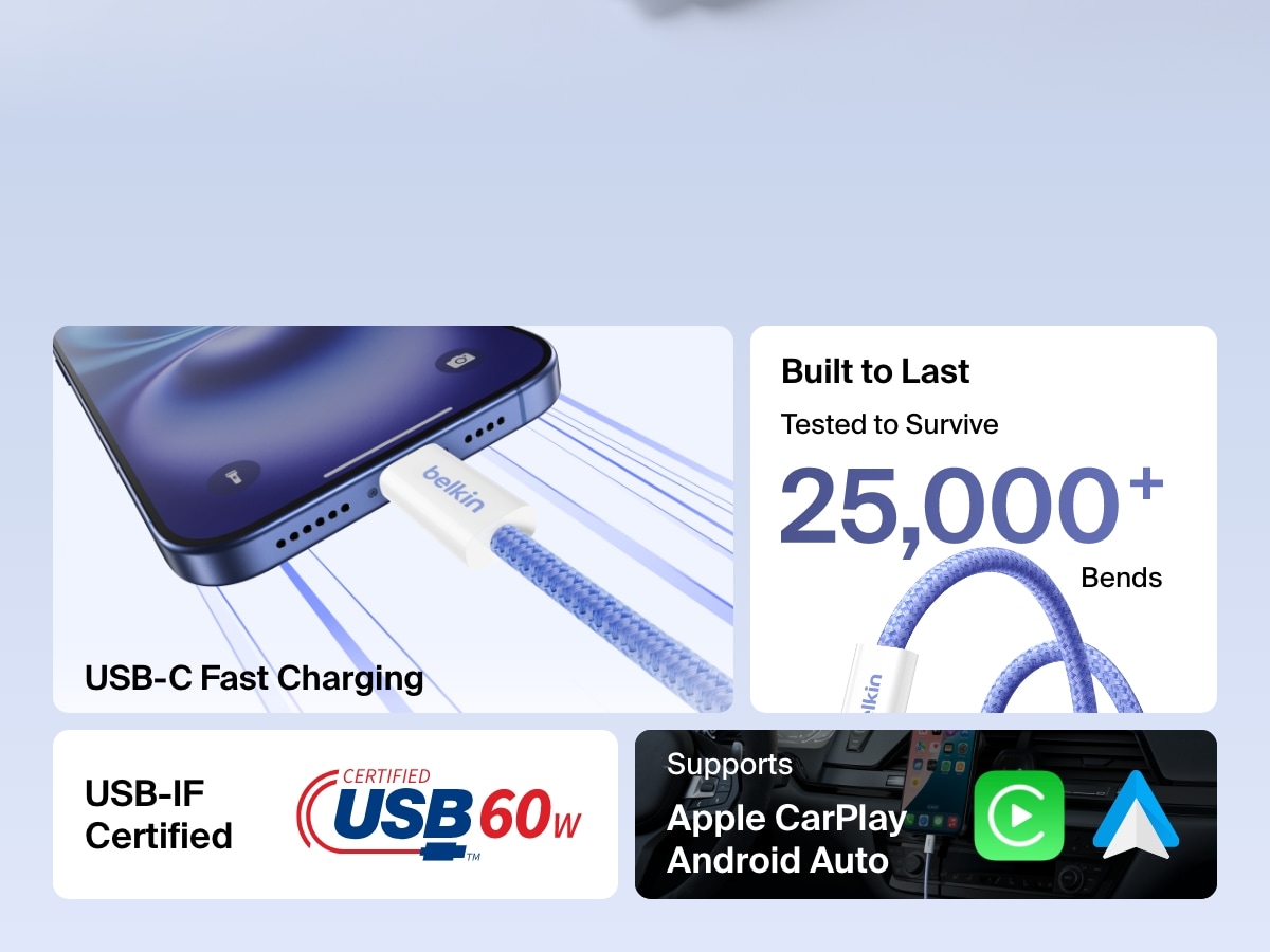 Infographic showcasing the Belkin BoostCharge USB-C to USB-C Cable 60W with features including USB-IF certification, 25,000+ bend durability, fast charging, and compatibility with Apple CarPlay and Android Auto.