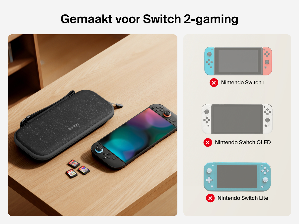 De Belkin Gaming opberghoes is afgebeeld naast een Nintendo Switch 2, met pictogrammen die de exclusieve compatibiliteit weergeven met de Switch 2 en niet met de Switch 1, OLED of Lite.
