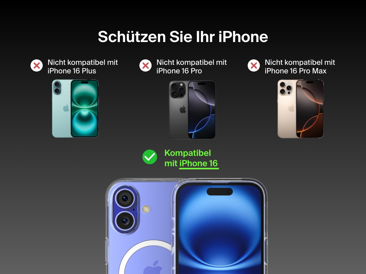 A compatibility guide for the SheerForce&trade; Magnetic iPhone Case. The image highlights that the case is compatible with iPhone 16 (marked with a green check), but not compatible with the iPhone 16 Plus, iPhone 16 Pro, or iPhone 16 Pro Max (each marked with a red X). Different iPhone models are displayed to visually indicate compatibility limitations.
