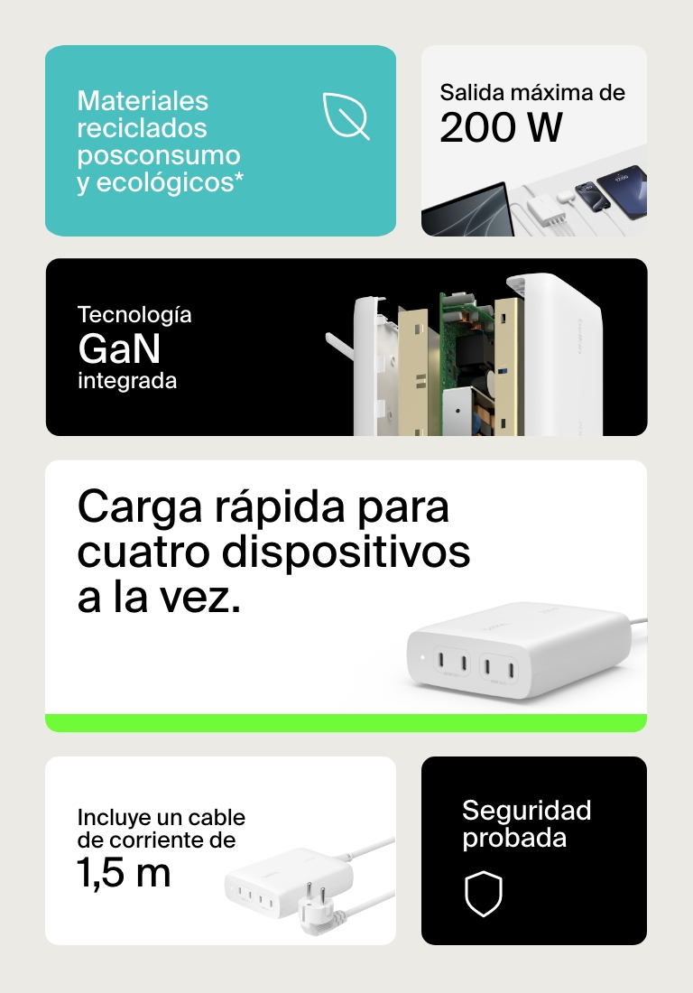 Carga r&aacute;pida para cuatro dispositivos a la vez.