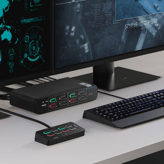 A secure workstation setup featuring a Belkin multiclave KVM switch connected to two monitors, a keyboard, and a remote control pad. The monitors display surveillance and data interfaces, while the KVM switch and control pad show active secure channel indicators with red and green lights for managing multiple network sources.