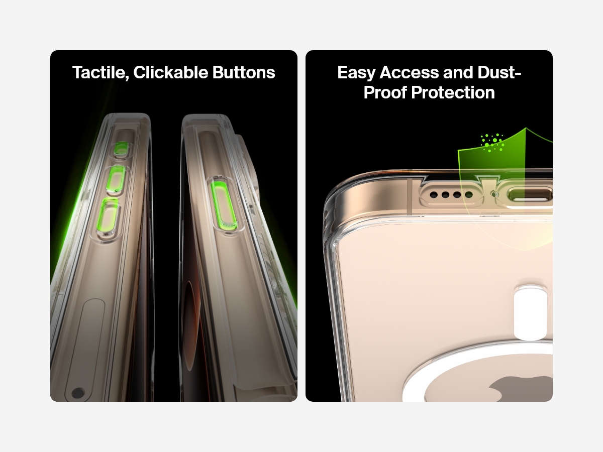 A dual-image showcase of the SheerForce&trade; Magnetic iPhone Case&rsquo;s tactile, clickable buttons and dust-proof protection. The left image highlights the precisely designed buttons that offer a responsive and comfortable press. The right image focuses on the dust-resistant port cutouts, ensuring easy access while protecting against dirt and debris buildup.