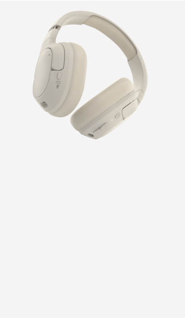 This image features a pair of sleek, over-ear headphones in a light beige color. The design is minimalist and modern, highlighting features like active noise cancellation (ANC) and integrated controls on the earcups. The background is a clean, light gray, emphasizing the headphones' premium aesthetic.