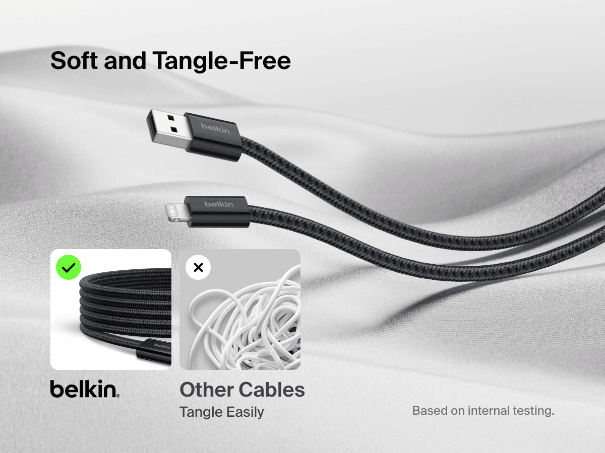Belkin BoostCharge USB-A Cable with Lightning Connector shown on soft fabric, highlighting its ultra-flexible, tangle-free braided design compared to easily tangled standard cables.