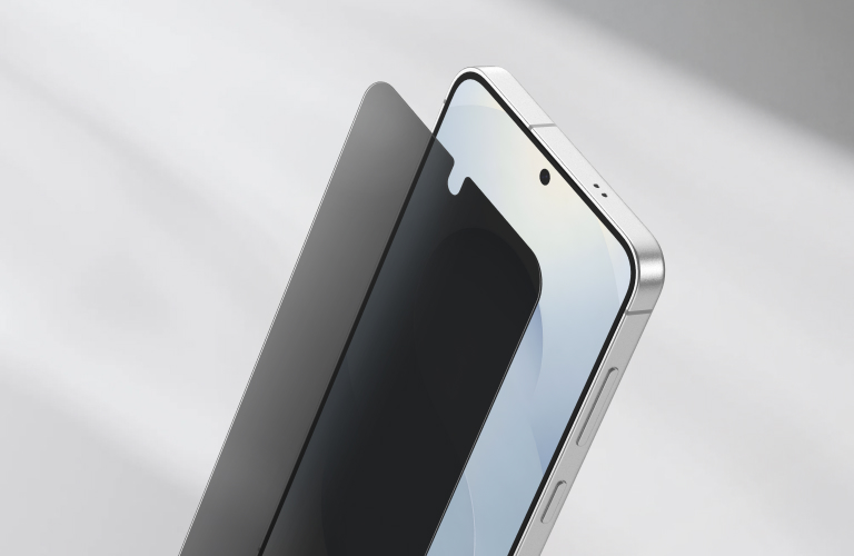 Smartphone shown at an angle with a dark privacy screen protector partially lifted, illustrating tinted viewing protection and precise front camera cutout.