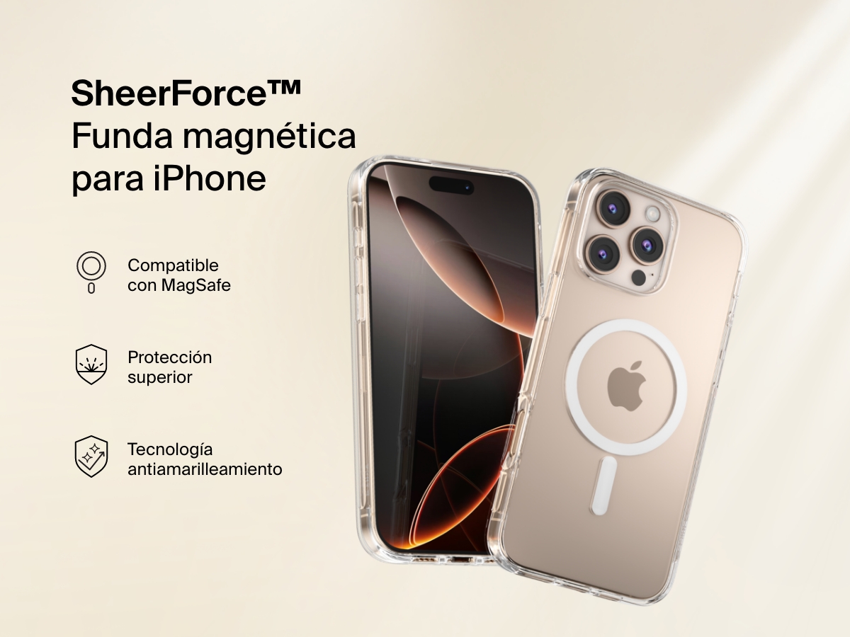 A promotional image of the SheerForce&trade; Magnetic iPhone Case, featuring a clear, MagSafe-compatible design. The case offers anti-yellowing technology and superior protection while maintaining the sleek look of the iPhone. The image highlights key features with icons, including MagSafe compatibility, durability, and long-lasting clarity.