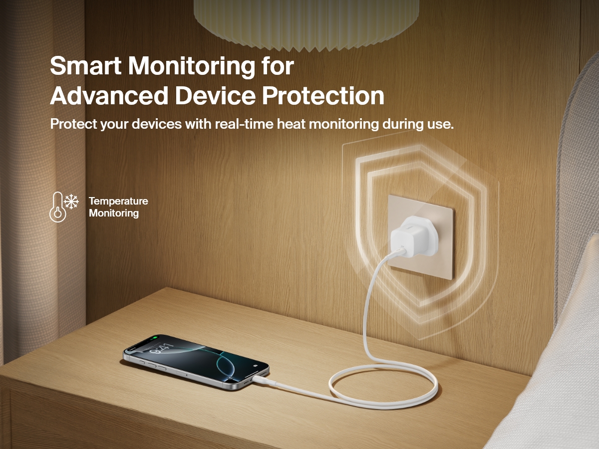 Belkin BoostCharge USB-C Wall Charger 25W plugged into a bedside outlet, showcasing real-time temperature monitoring for advanced device protection and safe charging.