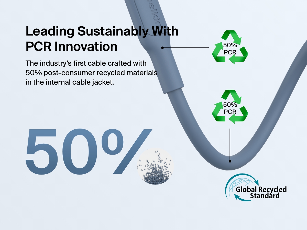 Belkin BoostCharge Pro USB-C to USB-C Braided Cable 60W is the industry&rsquo;s first cable made with 50% post-consumer recycled materials in the internal jacket, certified by the Global Recycled Standard.