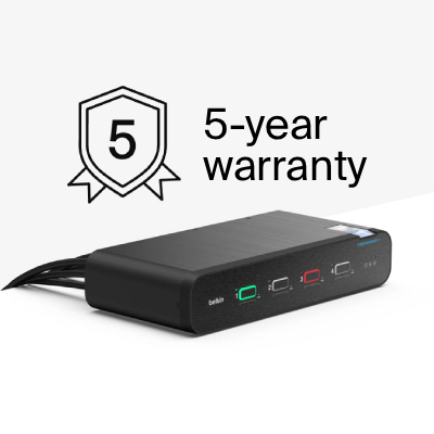 Belkin KVM switch with multiple connected cables, highlighting a 5-year warranty for reliable multi-computer connectivity.