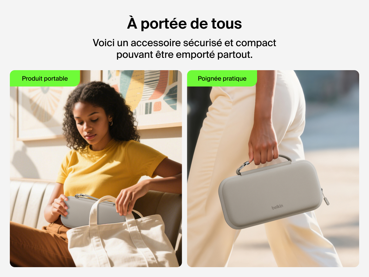 Image d'un socle de recharge 3-en-1 aimant&eacute; et compacte Belkin BoostCharge rechargeant des AirPods sans fil et qui met en avant sa compatibilit&eacute; avec tous les mod&egrave;les des AirPods et AirPods&nbsp;Pro.