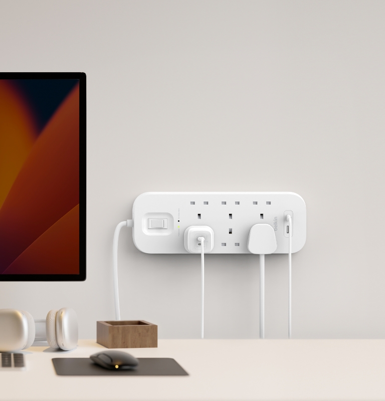 Belkin 6-Outlet Surge Protector with USB-C and USB-A Ports feature built-in wall mounts and a 2M cable.