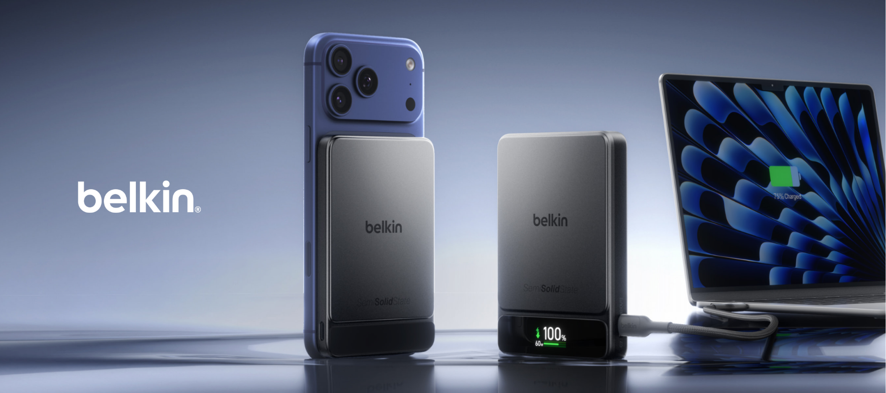 Belkin SolidState power banks charging a smartphone and laptop.