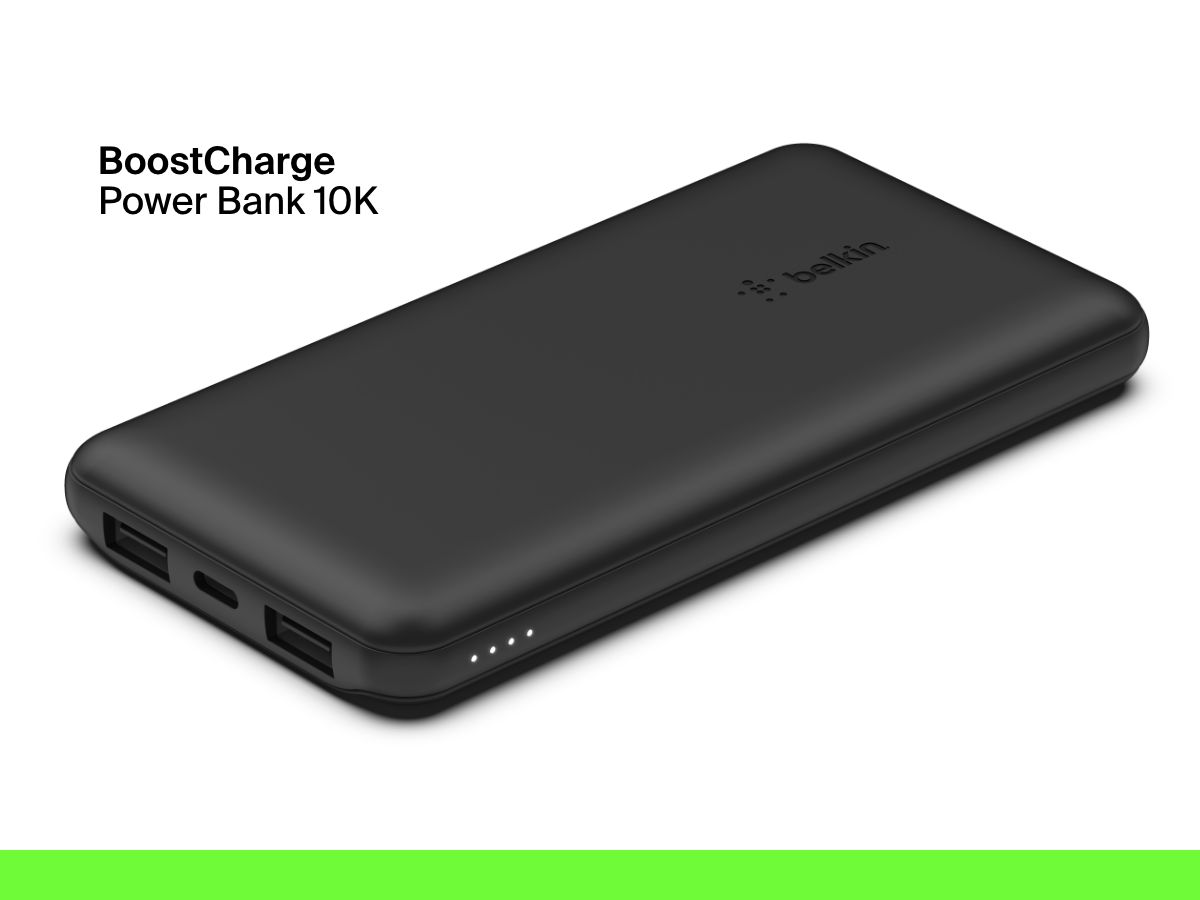 A black Belkin BoostCharge Power Bank 10K is shown with dual USB-A ports, a USB-C port, and LED indicators for battery level.