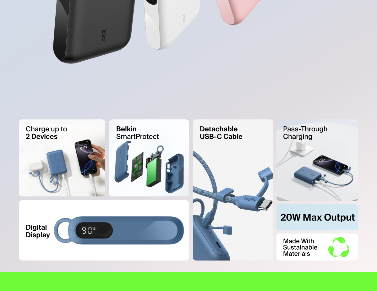 Belkin BoostCharge Power Bank 10000mAh with Displayのインフォグラフィック。モバイルバッテリーの主な機能（20W出力、2台同時充電、デジタルバッテリー表示、取り外し可能なUSB-Cケーブル、パススルー充電、Belkin SmartProtect、サステナブル素材など）について説明しています。