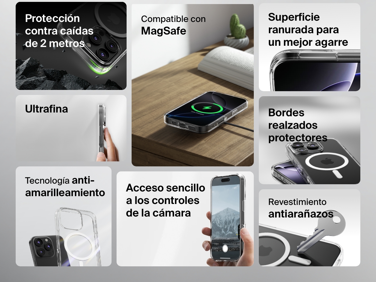 A feature-packed promotional image of the SheerForce&trade; Magnetic iPhone Case, highlighting its key benefits. The collage showcases its MagSafe compatibility, grip-enhancing grooved texture, protective raised edges, anti-yellowing technology, and anti-scratch coating. It also emphasizes 2m drop protection, ultra-slim design, and easy access to camera control, making it a durable and stylish choice for iPhone users.