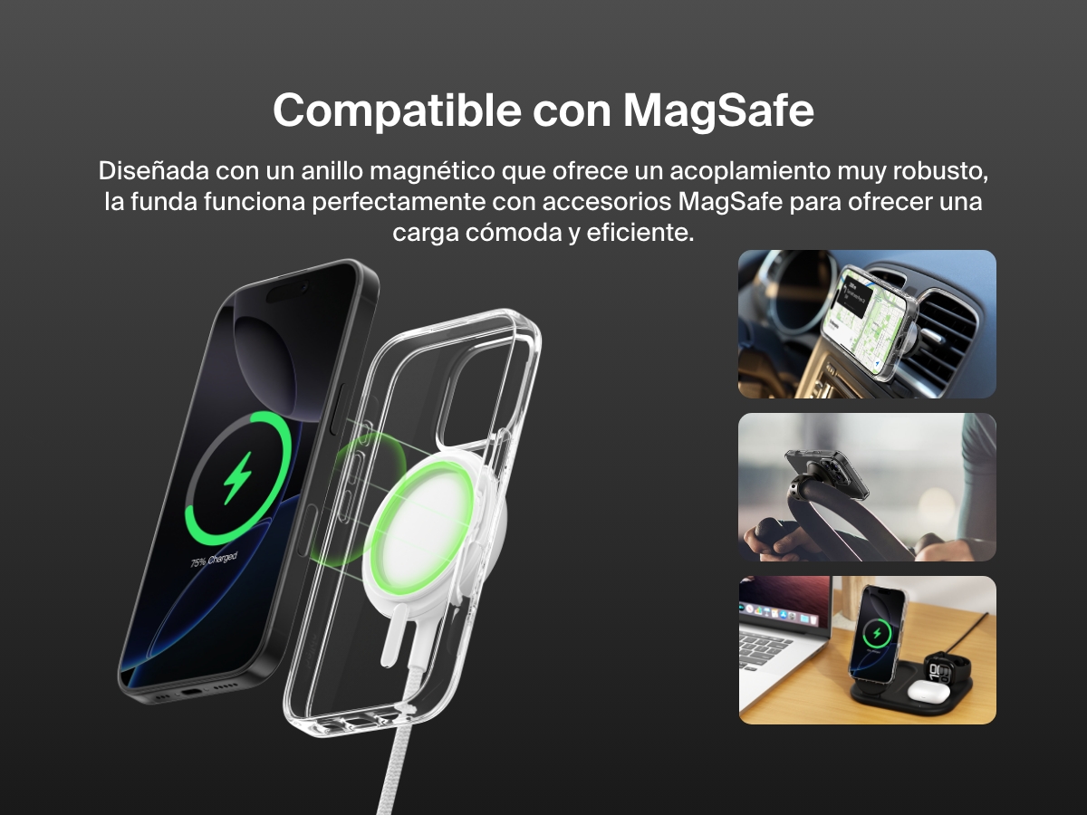A promotional image showcasing the SheerForce&trade; Magnetic iPhone Case's MagSafe compatibility. The image highlights how the case securely attaches to MagSafe accessories, including car mounts, phone stands, and wireless charging docks, ensuring a seamless and efficient charging experience. The transparent case features a built-in magnetic ring for a strong connection to MagSafe-enabled devices.