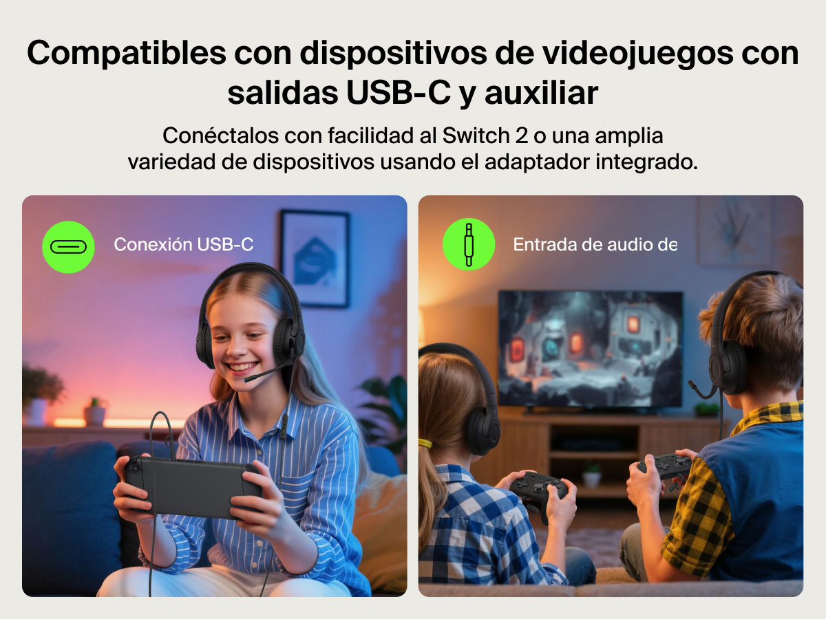 Ni&ntilde;os usando los auriculares Inspire con micr&oacute;fono y cable de Belkin Gaming para Nintendo Switch 2, haciendo hincapi&eacute; en su conectividad de audio con los puertos USB-C y 3,5 mm para facilitar una experiencia de videojuegos vers&aacute;til en una multitud de dispositivos distintos.