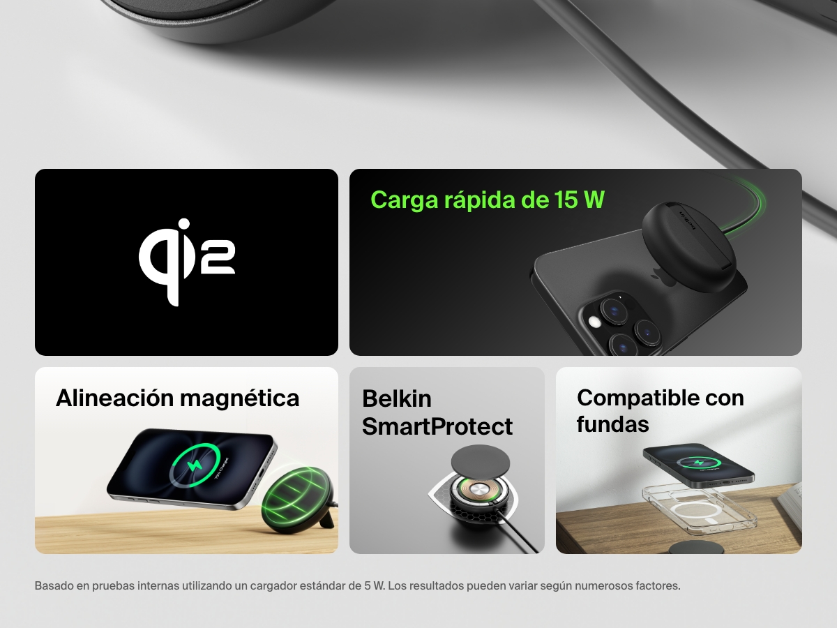 Infograf&iacute;a en la que resaltan las funciones de la base magn&eacute;tica de carga inal&aacute;mbrica con Qi2 de 15 W BoostCharge Pro de Belkin, como la carga r&aacute;pida de 15 W, la alineaci&oacute;n magn&eacute;tica, el sistema Belkin SmartProtect y la compatibilidad con fundas de tel&eacute;fono.