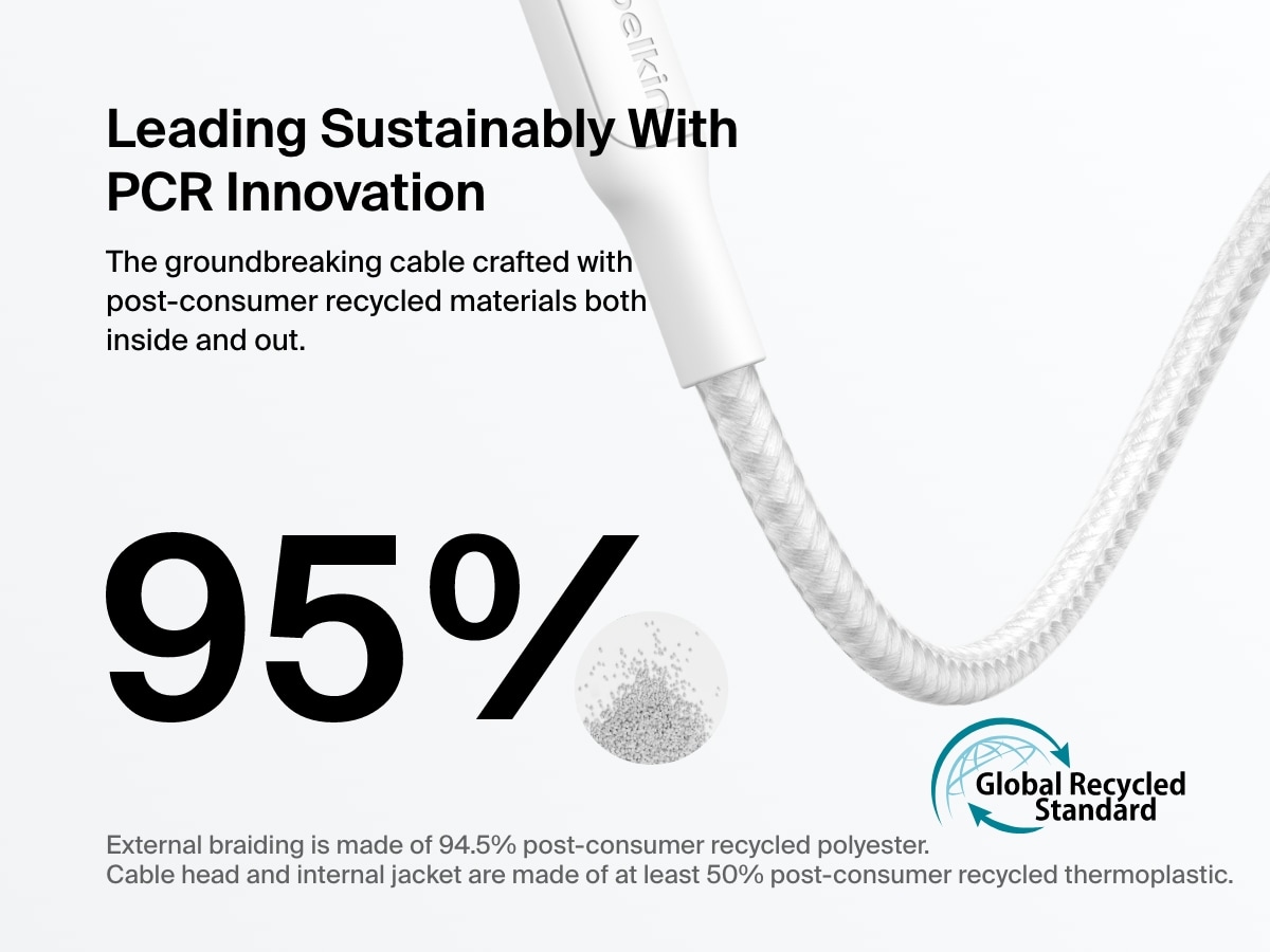 Close-up of the Belkin BoostCharge Pro Braided USB-A to USB-C Cable 15W featuring 95% sustainable construction with post-consumer recycled materials and Global Recycled Standard certification.