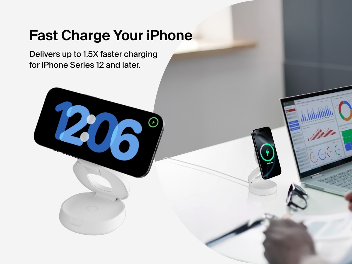 Belkin BoostCharge 2-in-1 Convertible Magnetic Charging Stand with Qi2 15W fast charges an iPhone in both portrait and landscape modes, ideal for desks and workspaces.