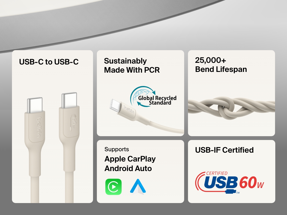 Infographic showcasing the Belkin BoostCharge Pro USB-C to USB-C Braided Cable 60W, featuring 300,000+ bend lifespan, sustainable PCR materials, USB-IF certification, and compatibility with Apple CarPlay and Android Auto.