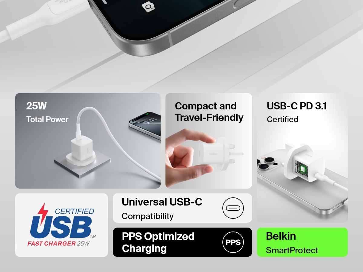 Infographic highlighting key features of the Belkin BoostCharge USB-C Wall Charger 25W, including 25W power output, USB-C PD 3.1 certification, compact design, PPS optimized charging, and SmartProtect technology.