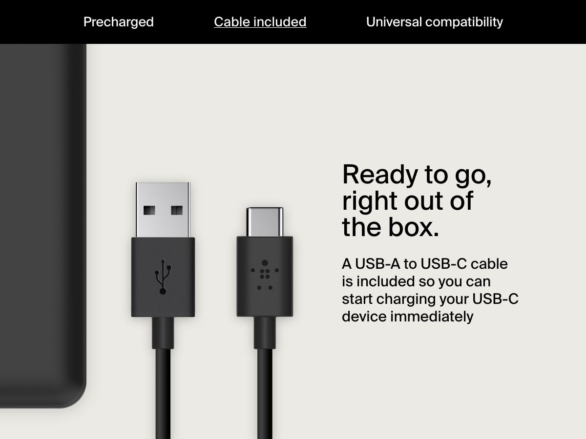 A USB-A to USB-C cable is shown next to a black Belkin BoostCharge Power Bank 10K, emphasizing that the included cable allows immediate charging of USB-C devices out of the box.