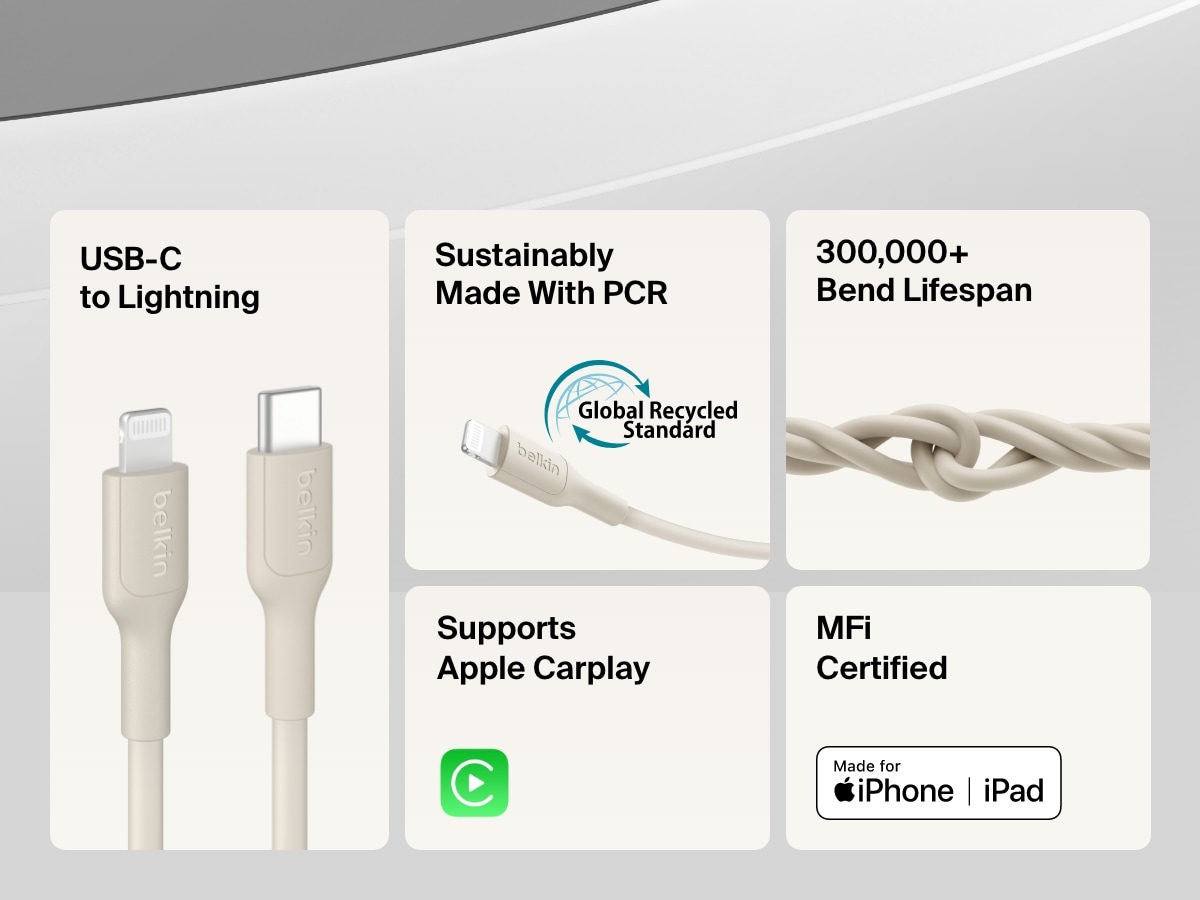 Feature overview of the Belkin BoostCharge USB-C Cable with Lightning Connector, highlighting its MFi certification, Apple CarPlay support, 300,000+ bend lifespan, and use of recycled materials.