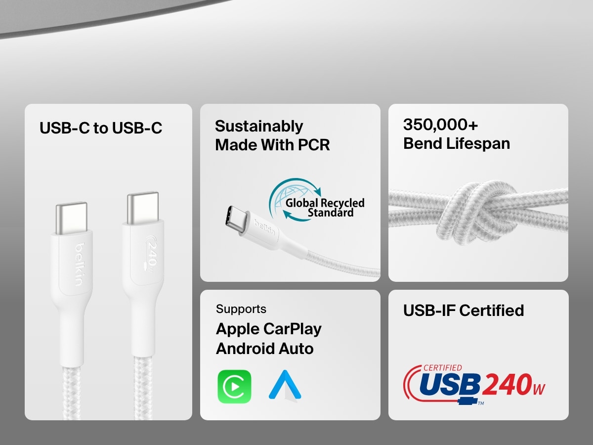 Feature callout graphic highlighting the Belkin BoostCharge Pro USB-C to USB-C Braided Cable 240W with USB-IF certification, 350,000+ bend lifespan, PCR materials, and compatibility with Apple CarPlay and Android Auto.