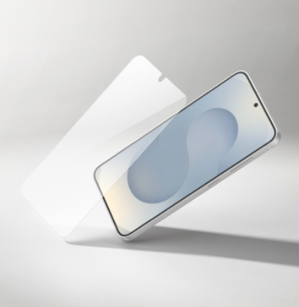 Angled smartphone with a transparent glass screen protector hovering above it, illustrating ultra-thin, clear screen protection.