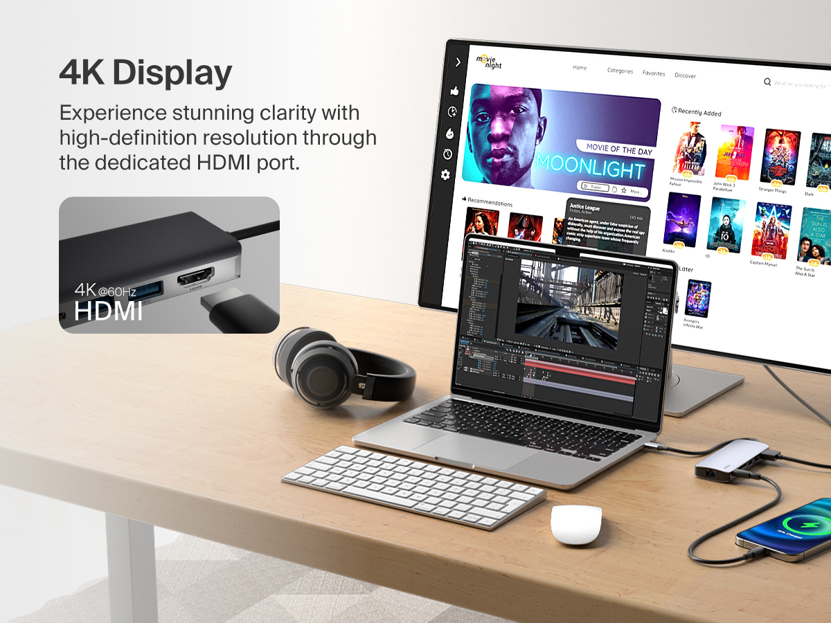 Belkin Connect USB-C 6-in-1 Multiport Hub(Belkin Connect USB-C 6-in-1 멀티포트 허브)는 노트북과 외부 모니터에 연결하여 4K@60Hz HDMI 출력으로 고화질 디스플레이의 선명함을 보여주는 동시에 스마트폰을 충전할 수 있습니다.