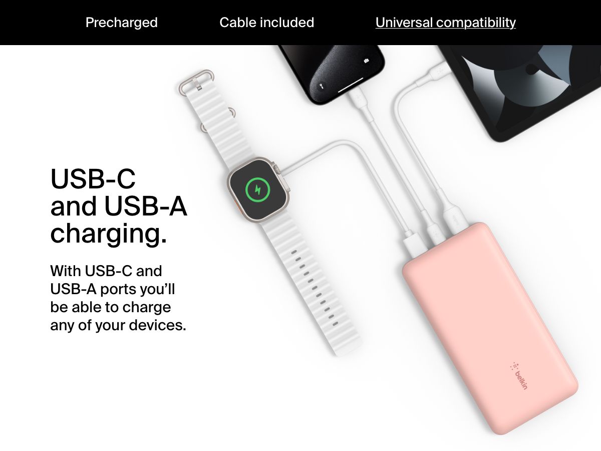 The Belkin BoostCharge Power Bank 20K is shown charging a smartwatch, smartphone, and tablet simultaneously via its USB-C and USB-A ports, demonstrating universal device compatibility.
