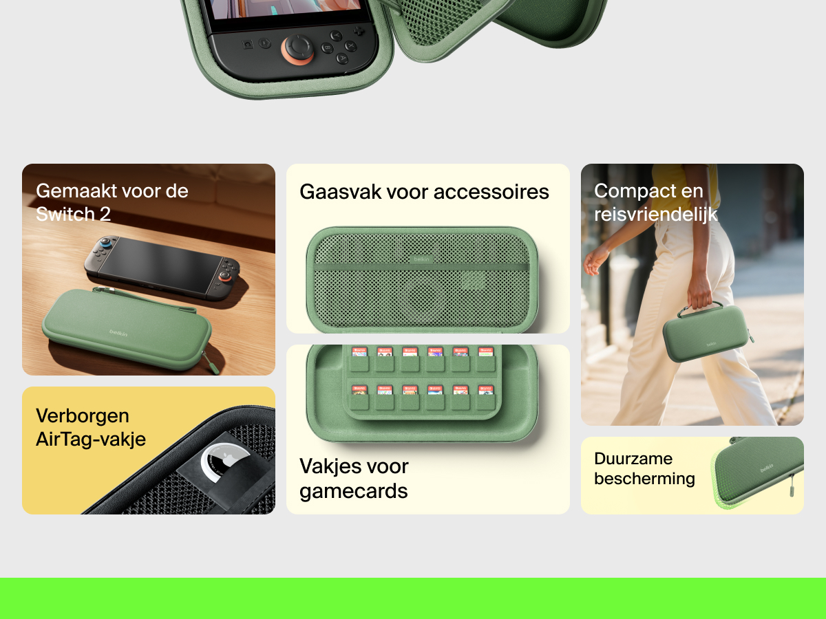 Infographic highlighting the Belkin Gaming Travel Case for Nintendo Switch 2 with features like a mesh utility pocket, game card sleeve, hidden AirTag pocket, and compact, durable design.